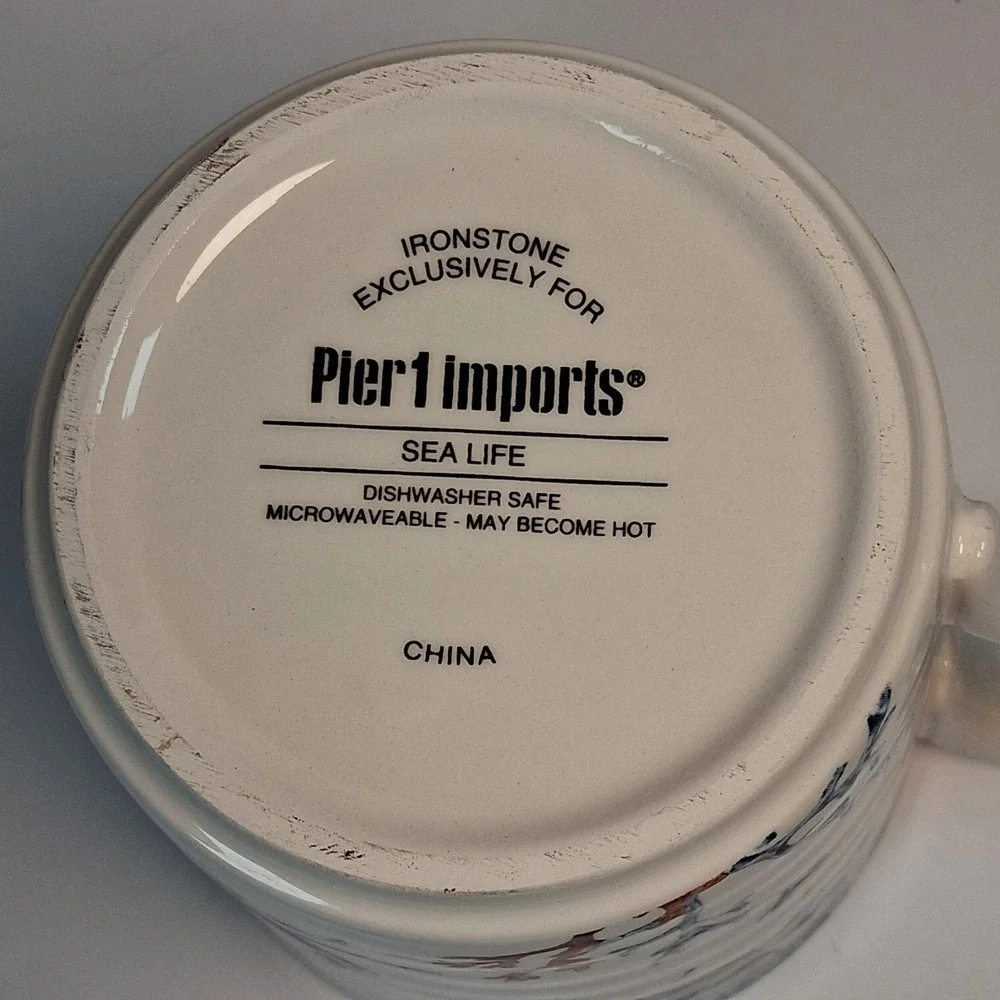 Pier 1 Sea Life Ironstone Mug Seahorse Octopus Crab Watercolor Nautical MINT